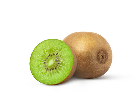 Kiwi fruit isolated and a cut. Chopped kiwis isolated on white background.の写真素材