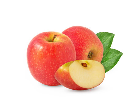 Red apple and a slice isolated with leaf.の写真素材