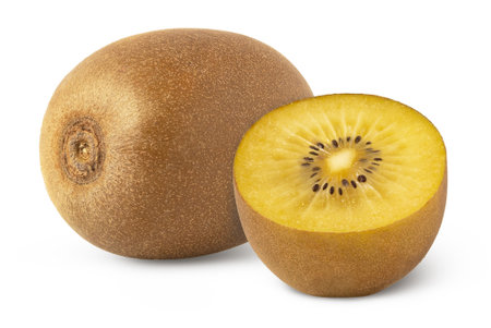 Whole golden kiwi fruit and a cut in a half isolated with clipping path,の写真素材