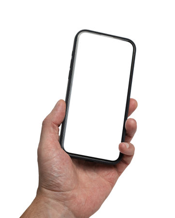 Man hand showing smartphone with blank screen isolated. Concept product advertising, technology, marketingの写真素材