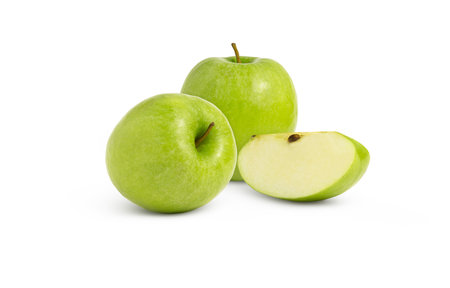 Group of juicy green apples and apple cut isolatedの写真素材