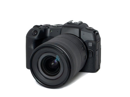 Photo camera body with zoom lens isolated on white backgroundの写真素材