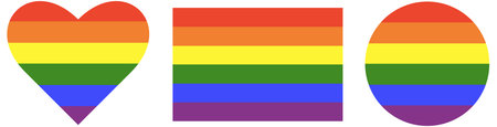 Set of stickers in rainbow colors. LGBT icons set. Gay pride progress logo heart symbols, rainbow flag and circle . Round, heart badge, button.の写真素材