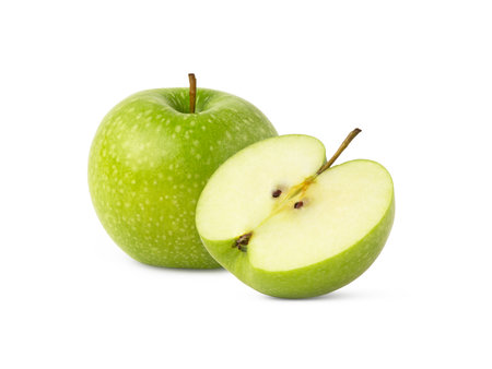 Green apples isolated. Whole apple and a half on white background. Green apple with clipping path.の写真素材