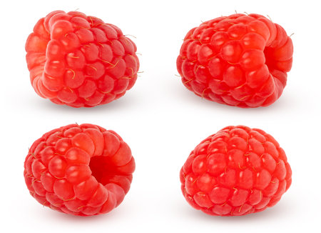 Raspberry isolated. Raspberries with clipping path isolated on white. Side view raspberries set.の写真素材