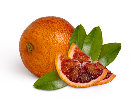 Sicilian red blood ripe orange, isolated. Orange and two slicesの写真素材