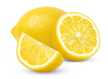 Ripe lemons isolated on white background. Lemon fruit and cut in a half and a slice with clipping path.の写真素材