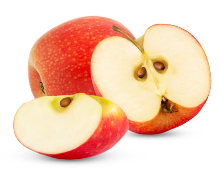 Red apple with cut in half and slice isolated with clipping path. Pink lady apples isolated.の写真素材