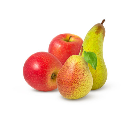 Two apples and two pears isolated. Green pear and red apple with leaf.の写真素材