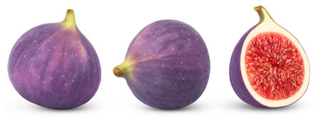 Figs isolated set. Collection of ripe fig and half of fig with clipping pathの写真素材