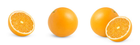 Set of ripe orange fruits isolated. Whole orange fruit and cut in half cut out. Citrus fruit collection.の写真素材