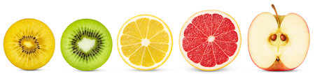 Isolated fruits halves. Cut apple, green kiwi, golden kiwi, lemon, grapefruit in a row isolated with clipping pathの写真素材