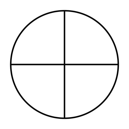 Circle divided in 4 segments. Outline style. Pizza, pie round shape cut in four equal slices. Black line chart.のイラスト素材