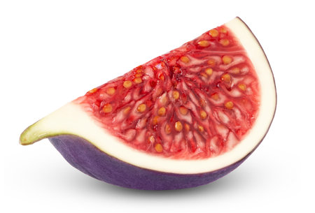 Cut in a slice of ripe fig fruit isolated. Quarter of fig fruit with clipping path.
