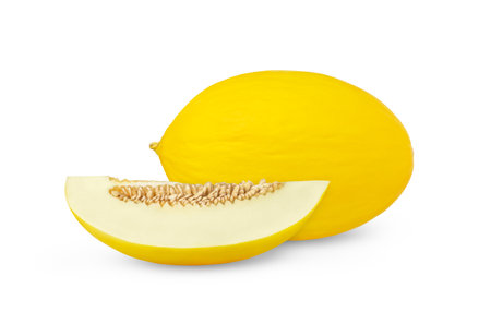 Yellow melon and slice with seeds isolated. Honeydew melon cut out..の写真素材