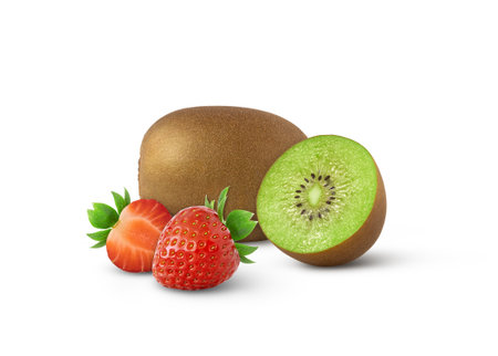 Isolated fruits. Kiwi and strawberry fruits isolated on white backgroundの写真素材