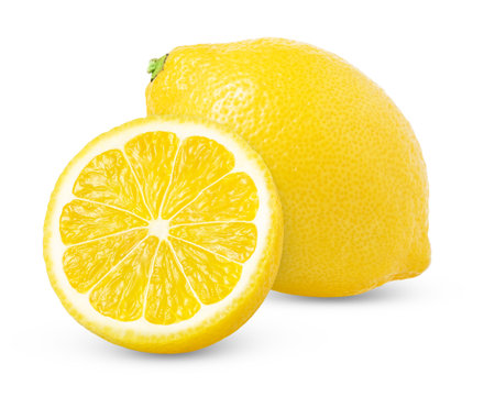 Fresh organic lemon fruit and a cut in a half isolated. Ripe lemons with clipping path.の写真素材