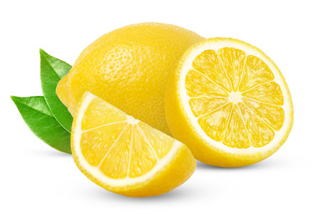 Lemons isolated with clipping path. Lemon fruit and leaf isolated. Whole lemon and cut in a half with leaves on white background. Full depth of field.の写真素材