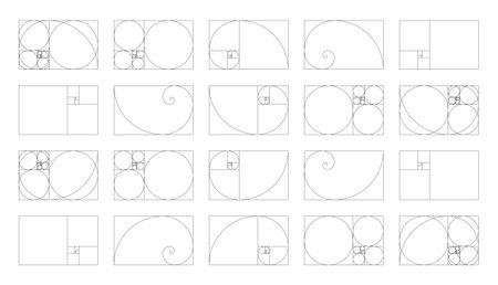 Collection of horizontal golden ratio harmony proportions templates. Fibonacci numbers template, array set.のイラスト素材