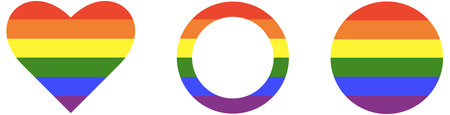 LGBT circle icons set. Gay pride frames, progress logo symbols, rainbow flag . Set of stickers in rainbow colors. Round, heart badge, button.の写真素材
