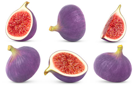 Collection of purple fig fruits and half and cut in a slice isolated on white background.の写真素材