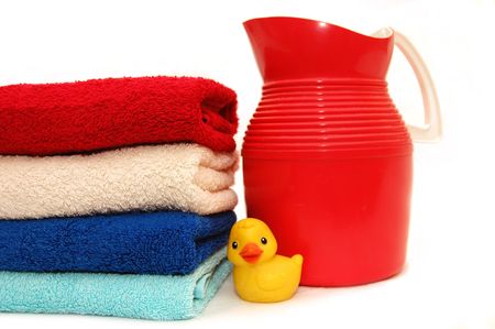 The combined colour towels with a toyの写真素材