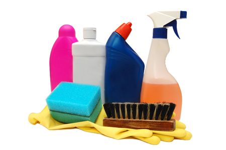 colorful bottles of dish washing liquid on white backgroundの写真素材