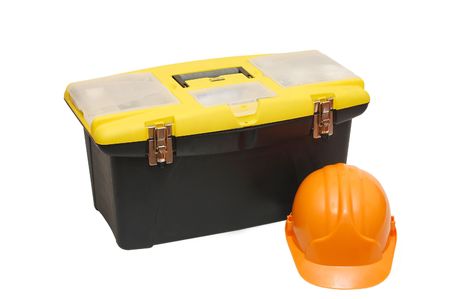 Box for tools a helmet isolated on white backgroundの写真素材