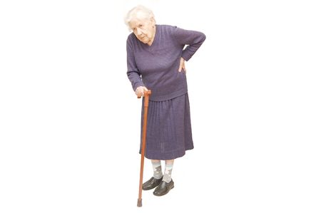 Grandmother holding a cane on white backgroundの写真素材