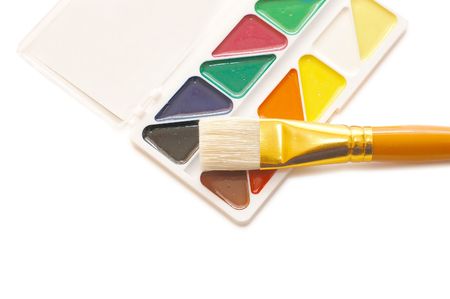 Water colour paints and brush  isolated on white の写真素材