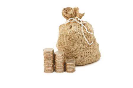 Money coins in bag isolated on whiteの写真素材