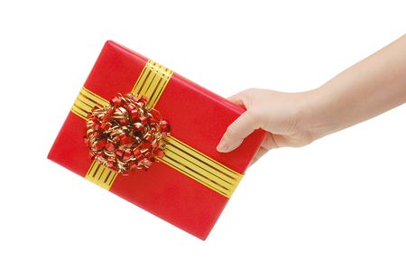Box with a gift in a handの写真素材