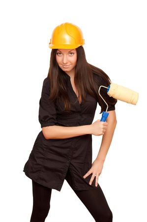 Girl in a helmet isolated on white の写真素材