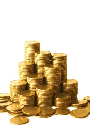 Golden coins isolated on white backgroundの写真素材