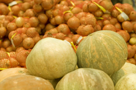 Shelf with pumpkins in a supermarket