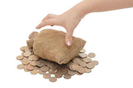 Hand reach for bags with coins isolatedの写真素材