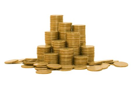 Golden coins isolated on white backgroundの写真素材