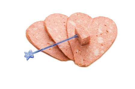 Sausage pieces isolated on white backgroundの写真素材