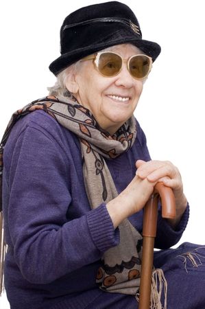Happy old lady isolated on white backgroundの写真素材