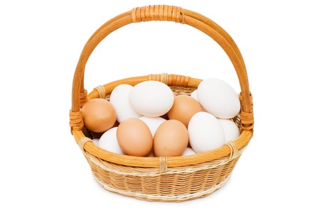 Eggs in a basket on a white background の写真素材