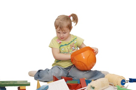 The little girl in a helmet isolated の写真素材