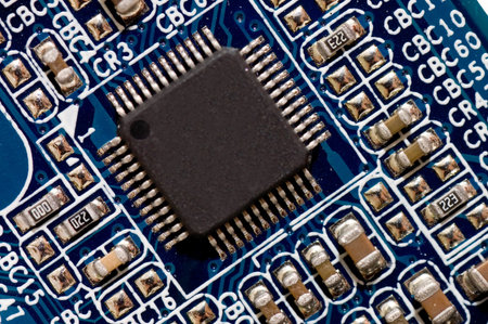 Close up of computer circuit board in blue 