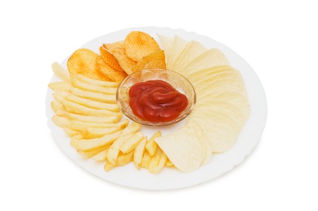 the potato chips with sauce  isolated on whiteの写真素材