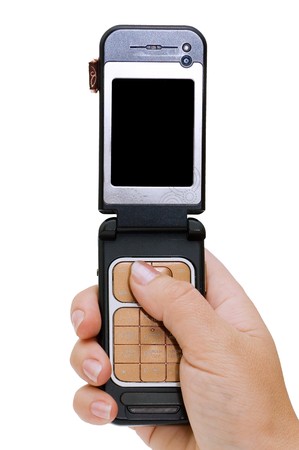 Mobile phone in hand isolated on white の写真素材