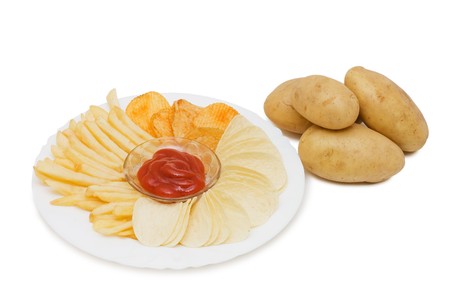 the potato chips with sauce  isolated on whiteの写真素材