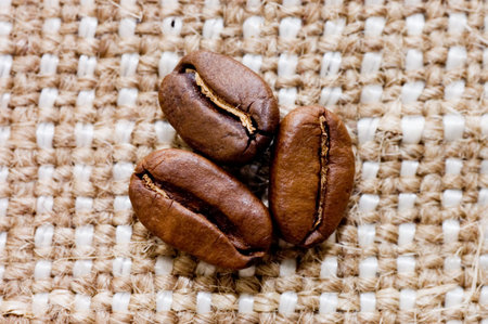 Brown coffee grains on a sacking
