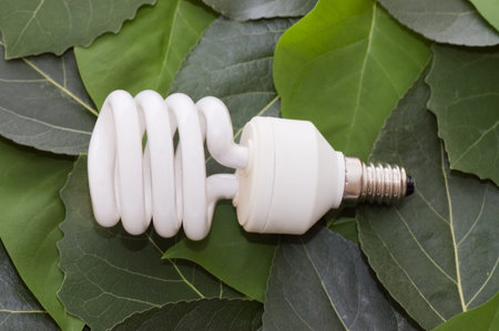 energy saving light bulb on green leaves 