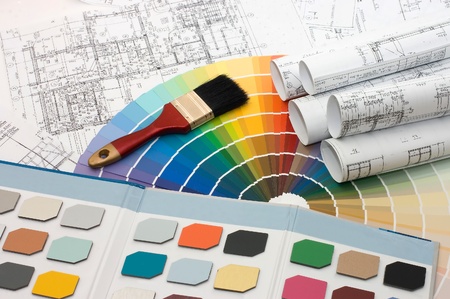 Color samples for selection with house plan on backgroundの写真素材