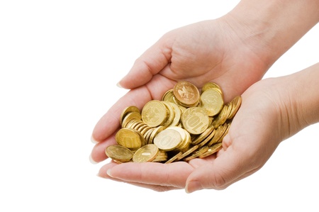 Hands with coins isolated on white background の写真素材