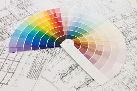 Color samples for selection with house plan on background の写真素材